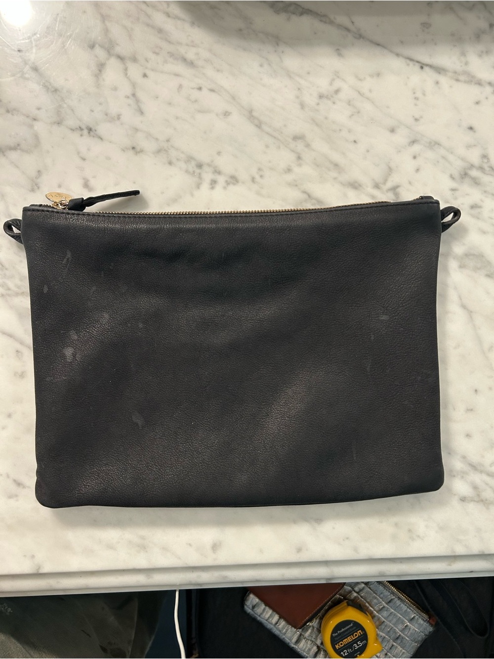 Clare V Flat Tab Nubuck Suede Leather Zipper Top Clutch in Black